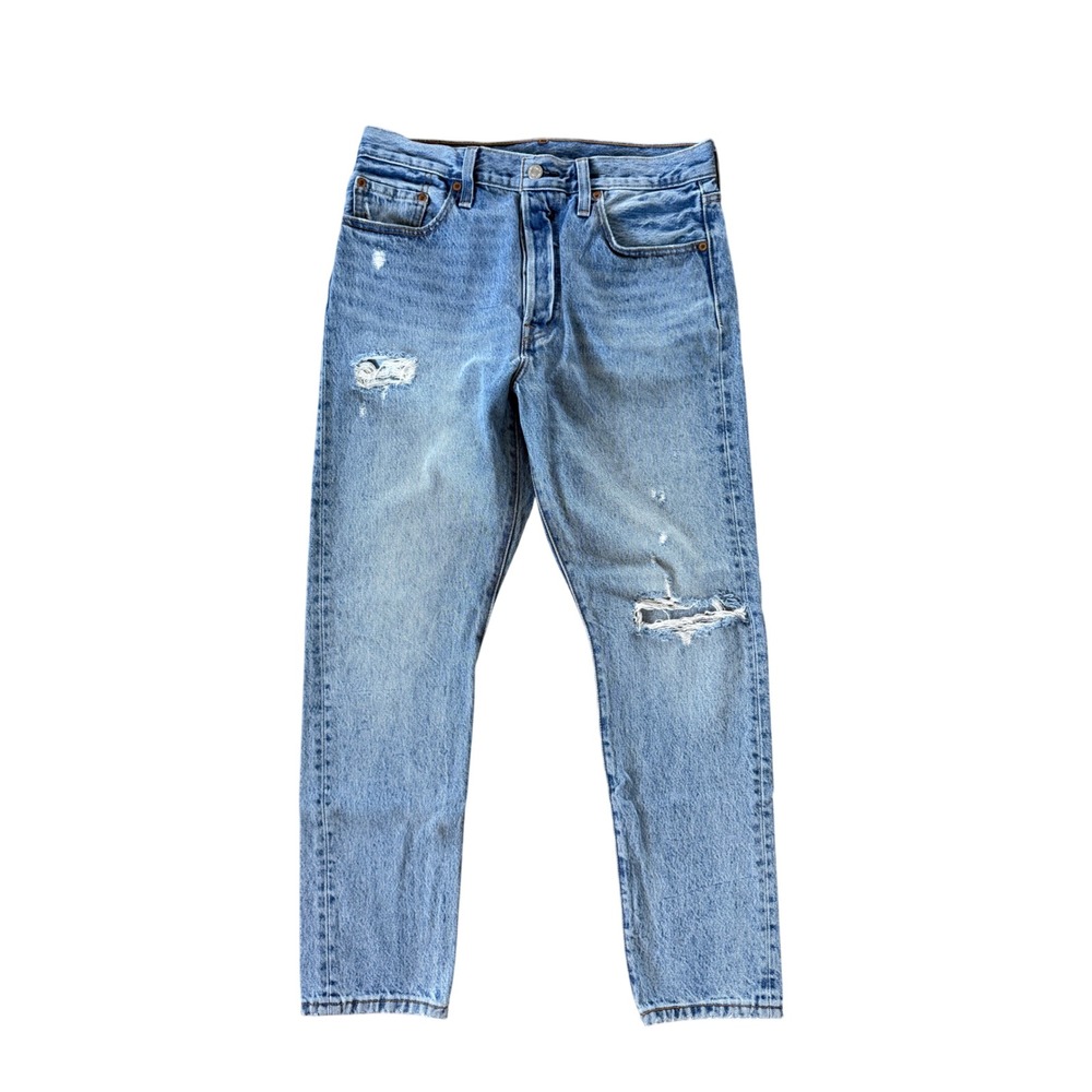 Levis Premium 501 Straight Distressed Light Wash Jeans 29 x 28 High Rise Button